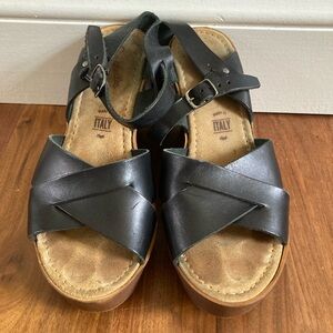 Seychelles Anthropologie Black Leather Wedge Heel Sandals